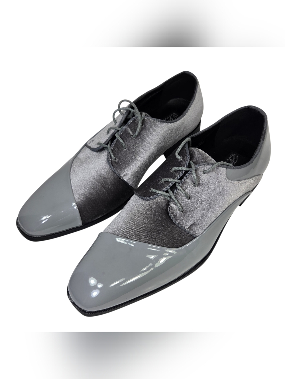 Men's Grey Two-Tone Patent & Velvet Derby Shoes by